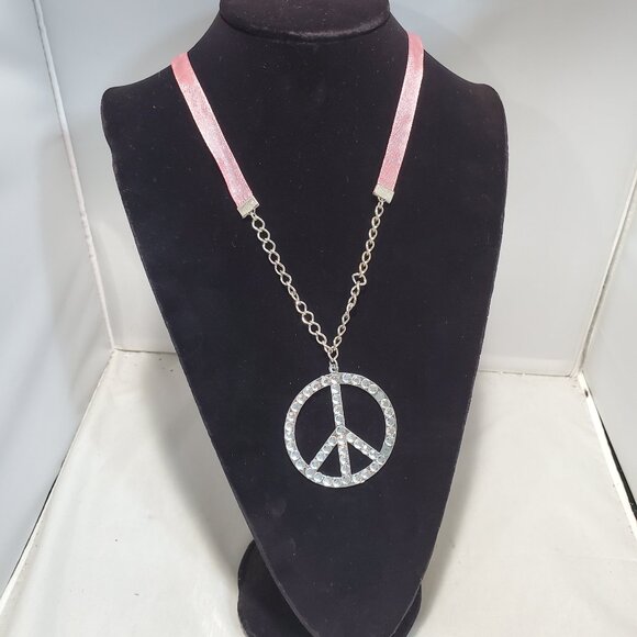 Bijou Iridescent Peace Sign silver with ribbon Necklace: - Picture 1 of 11